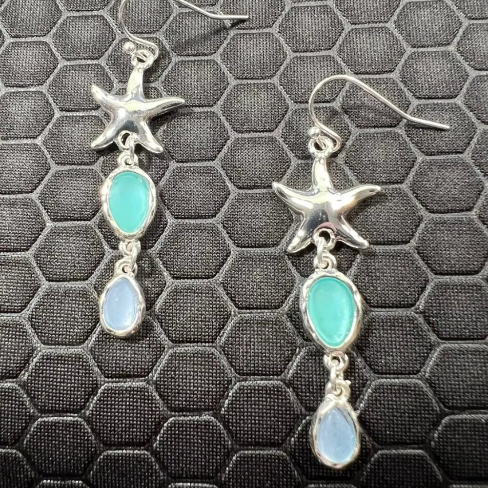 Star Fish Earrings Made with Aqua and Purple Sea Glass 18K White Gold Plated